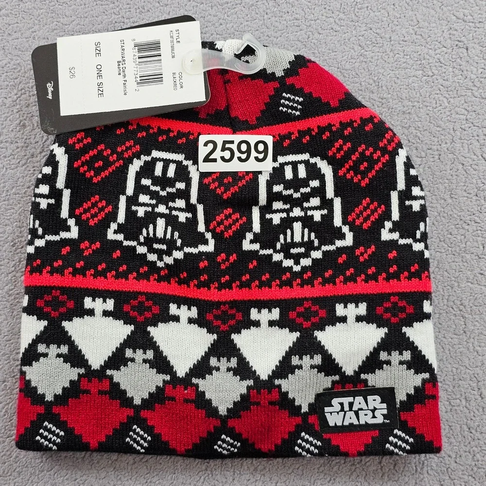 Star Wars Beanie‎ Hat Youth OS Black Fair Isle Knitted Darth Vader Winter Warm